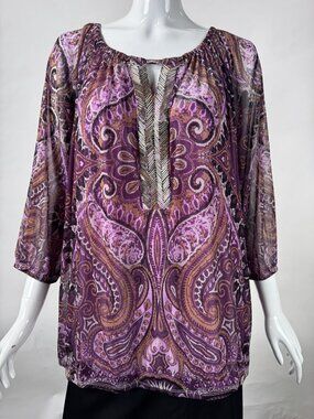 INC International Concepts Womens Purple Paisley Blouse 1X Sheer Nylon Shell & P